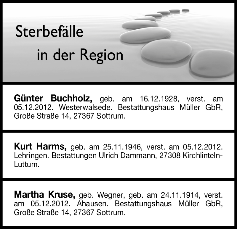 Traueranzeige von Sterbefälle vom 08.12.2012 von WESER-KURIER