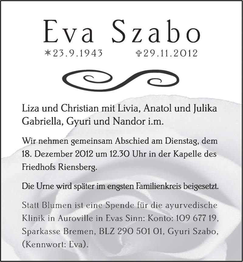  Traueranzeige für Eva Szabo vom 08.12.2012 aus WESER-KURIER