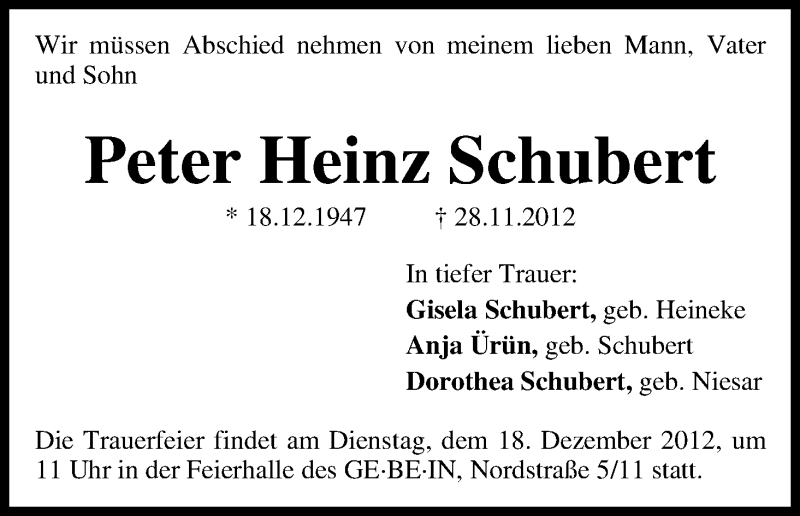 Traueranzeige von Peter Heinz Schubert von WESER-KURIER
