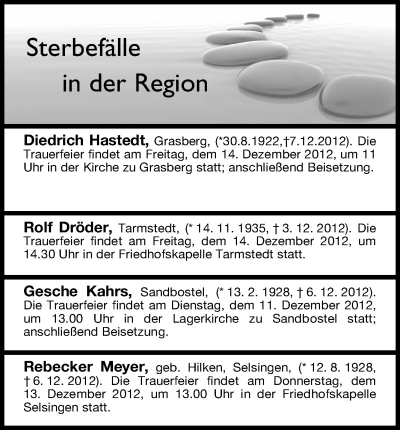 Traueranzeige von Sterbefälle vom 10.12.2012 von WESER-KURIER