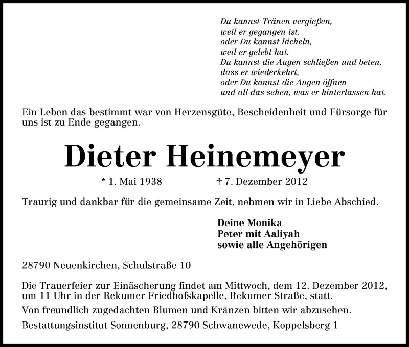 Traueranzeige von Dieter Heinemeyer von WESER-KURIER