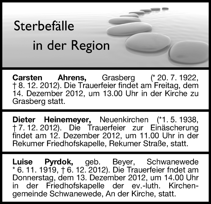 Traueranzeige von Sterbefälle vom 11.12.2012 von WESER-KURIER