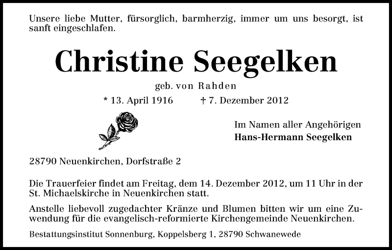 Traueranzeige von Christine Seegelken von WESER-KURIER