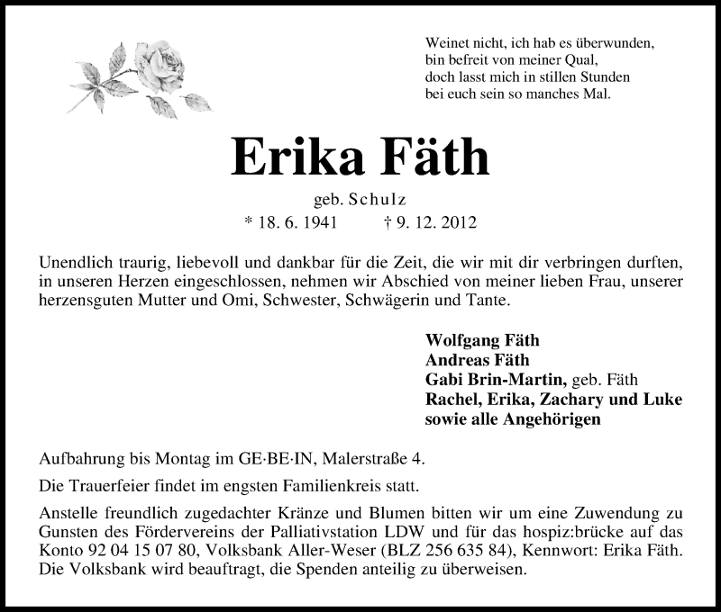  Traueranzeige für Erika Fäth vom 12.12.2012 aus WESER-KURIER