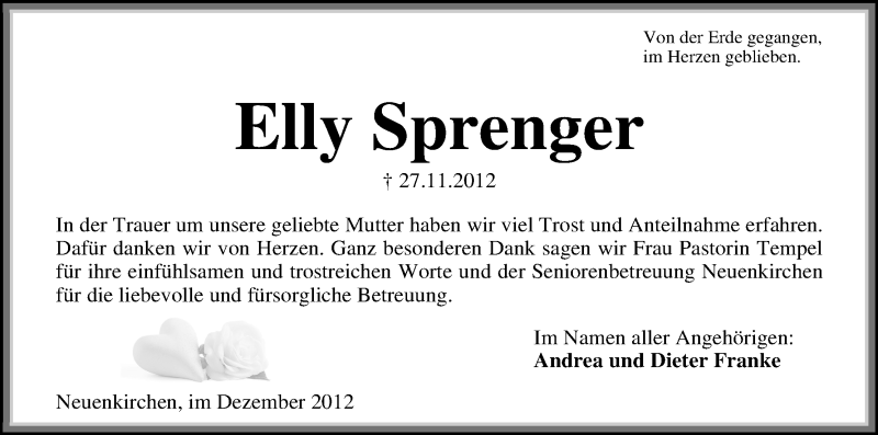 Traueranzeige von Elly Sprenger von WESER-KURIER