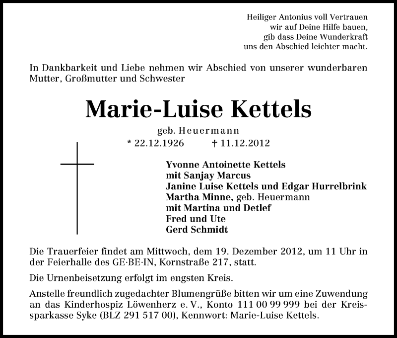 Traueranzeige von Marie-Luise Kettels von WESER-KURIER