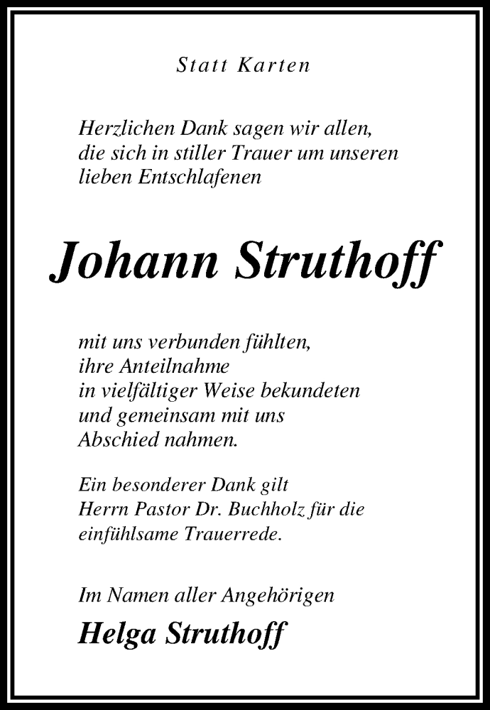 Traueranzeige von Johann Struthoff von WESER-KURIER