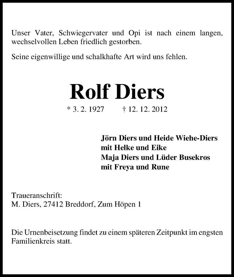 Traueranzeige von Rolf Diers von WESER-KURIER