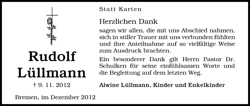 Traueranzeige von Rudolf Lüllmann von WESER-KURIER