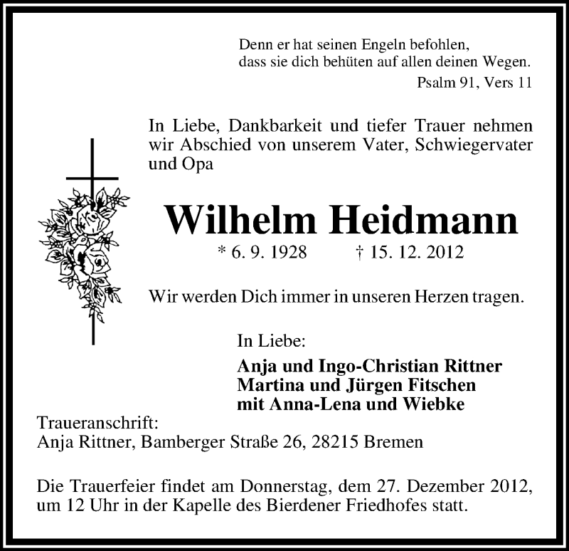 Traueranzeige von Wilhelm Heidmann von WESER-KURIER
