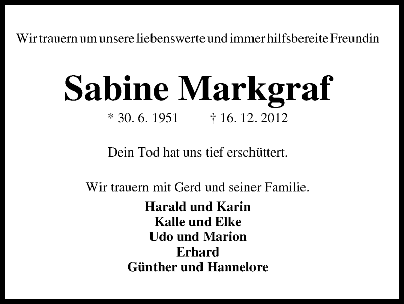  Traueranzeige für Sabine Markgraf vom 19.12.2012 aus WESER-KURIER