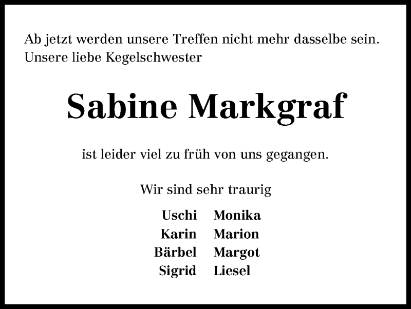  Traueranzeige für Sabine Markgraf vom 19.12.2012 aus WESER-KURIER