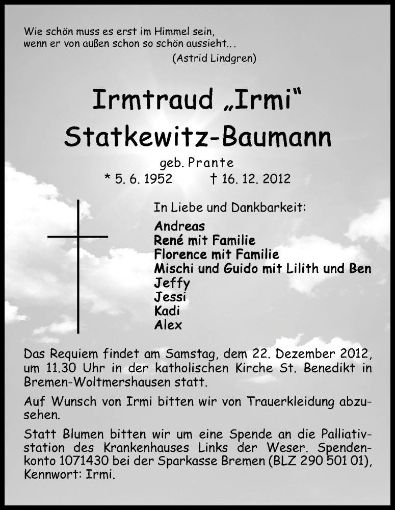 Traueranzeige von Irmtraud  Statkewitz-Baumann von WESER-KURIER