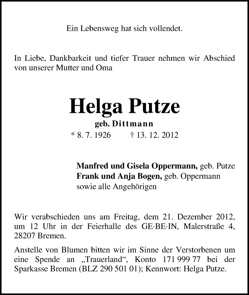 Traueranzeige von Helga Putze von WESER-KURIER