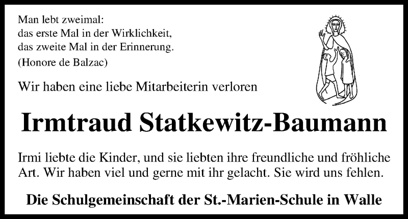 Traueranzeige von Irmtraud  Statkewitz-Baumann von WESER-KURIER