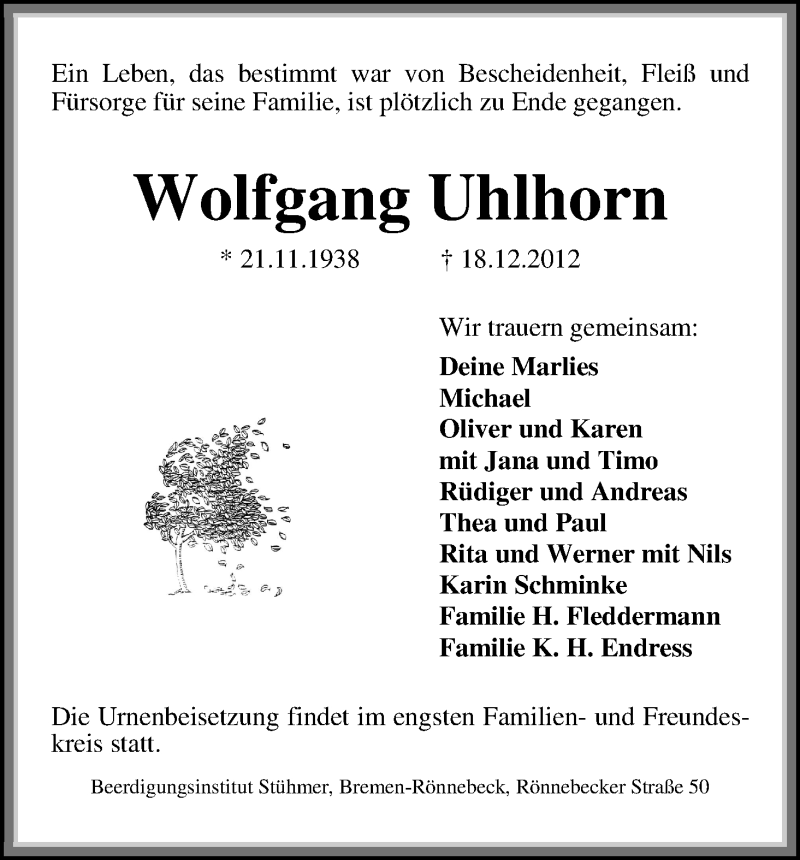  Traueranzeige für Wolfgang Uhlhorn vom 20.12.2012 aus WESER-KURIER