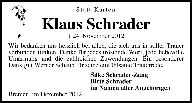 Traueranzeige von Klaus Schrader von WESER-KURIER