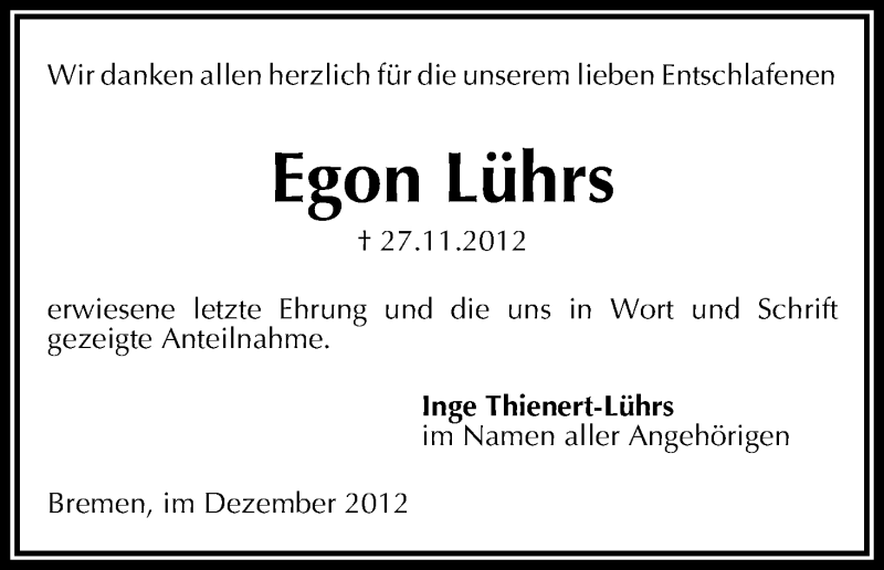 Traueranzeige von Egon Lührs von WESER-KURIER