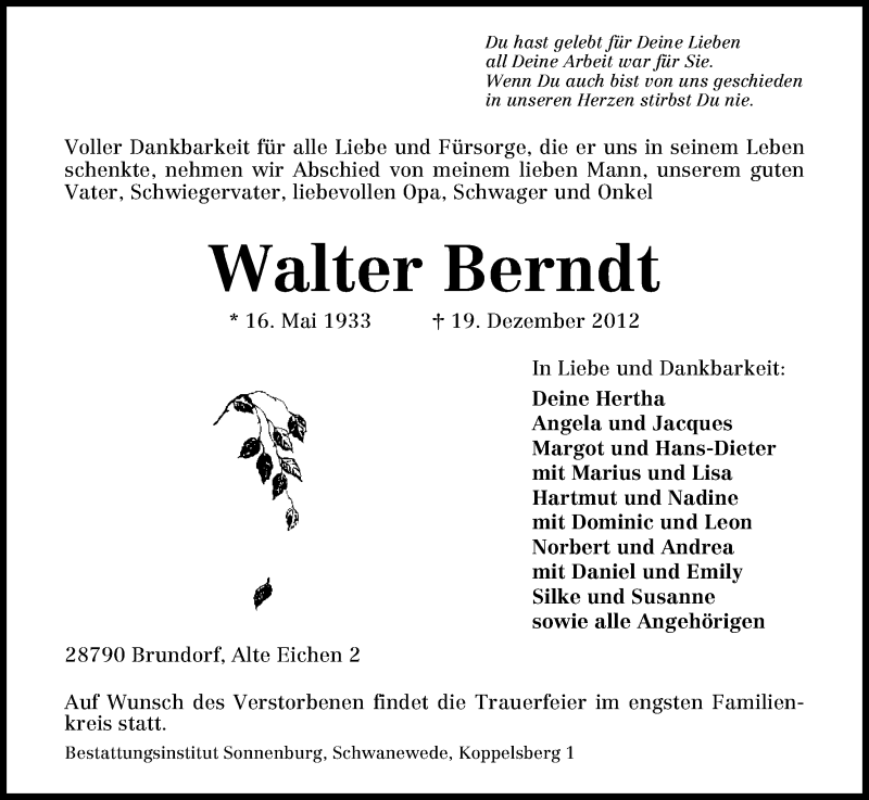 Traueranzeige von Walter Berndt von WESER-KURIER