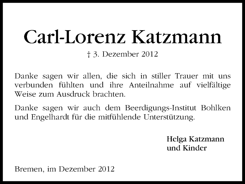 Traueranzeige von Carl-Lorenz Katzmann von WESER-KURIER