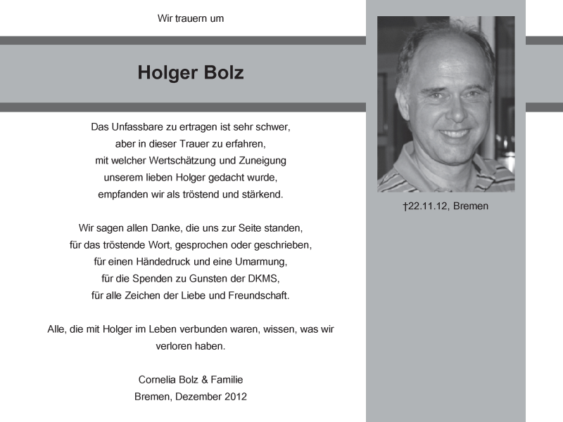Traueranzeige von Holger Bolz von WESER-KURIER