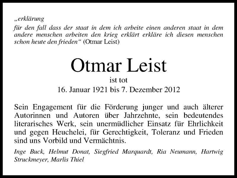  Traueranzeige für Otmar Leist vom 29.12.2012 aus WESER-KURIER