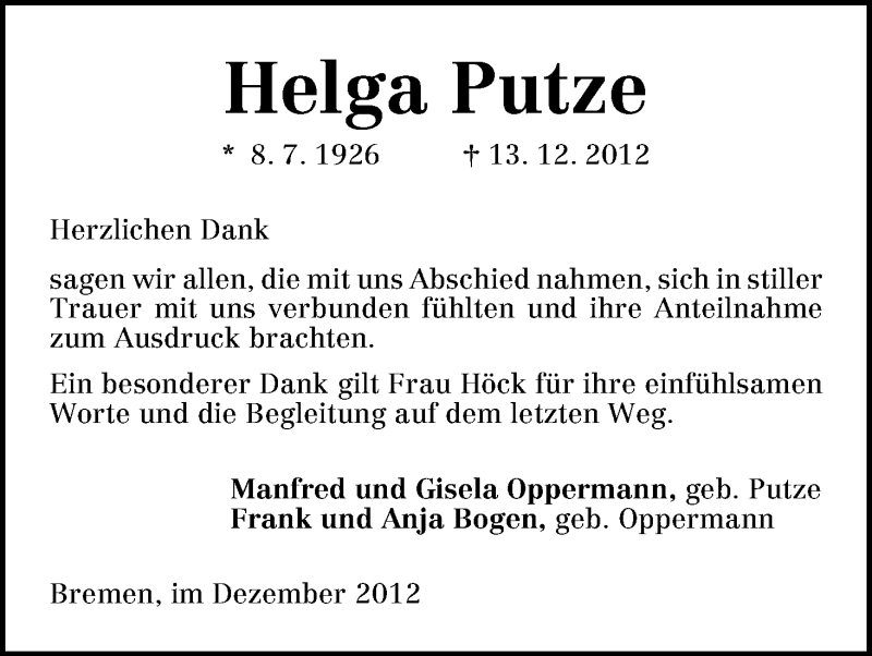 Traueranzeige von Helga Putze von WESER-KURIER