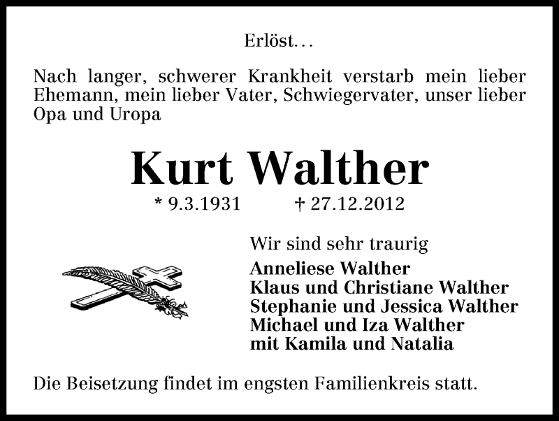 Traueranzeige von Kurt Walther von WESER-KURIER