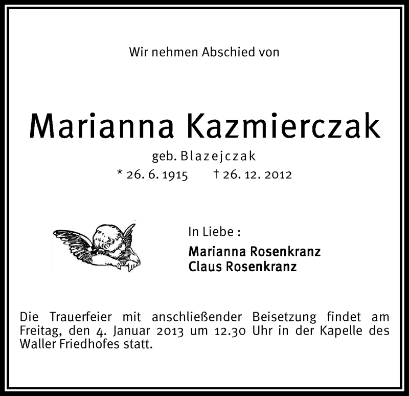 Traueranzeige von Marianna Kazmierczak von WESER-KURIER