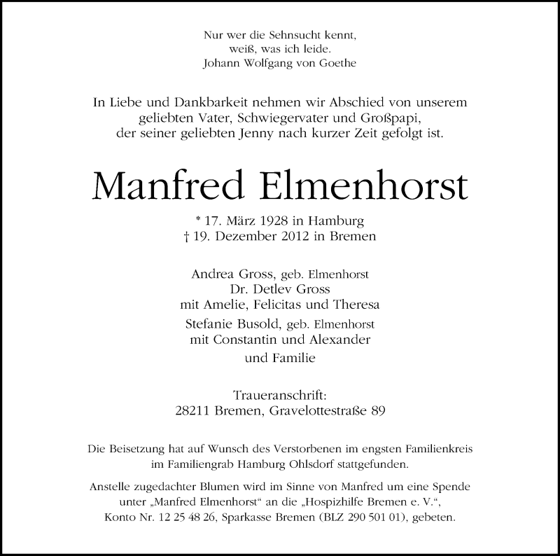 Traueranzeige von Manfred Elenhorst von WESER-KURIER