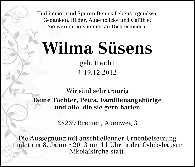  Traueranzeige für Wilma Süsens vom 29.12.2012 aus WESER-KURIER
