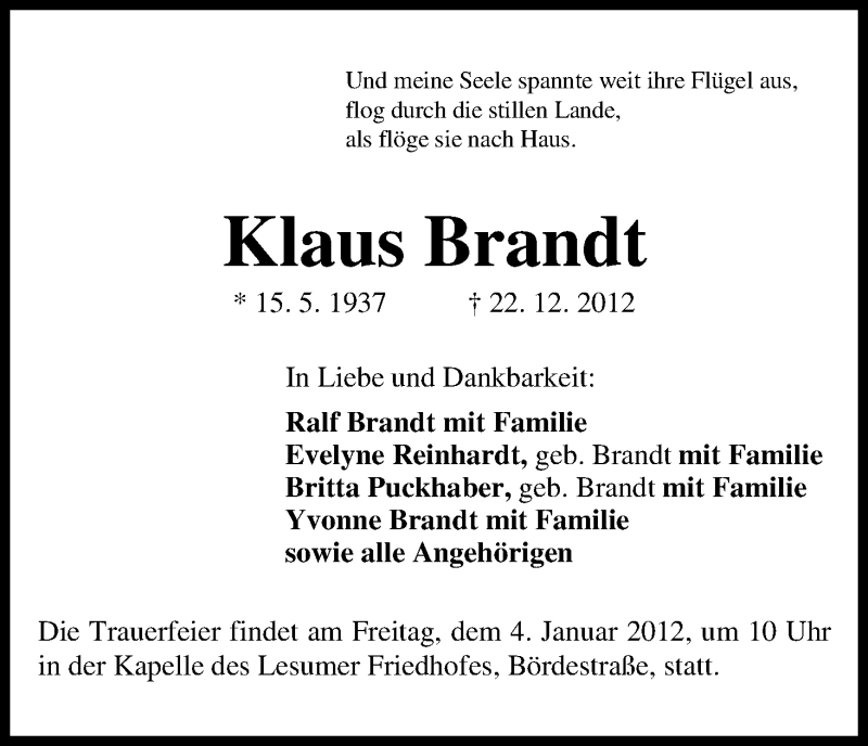 Traueranzeige von Klaus Brandt von WESER-KURIER