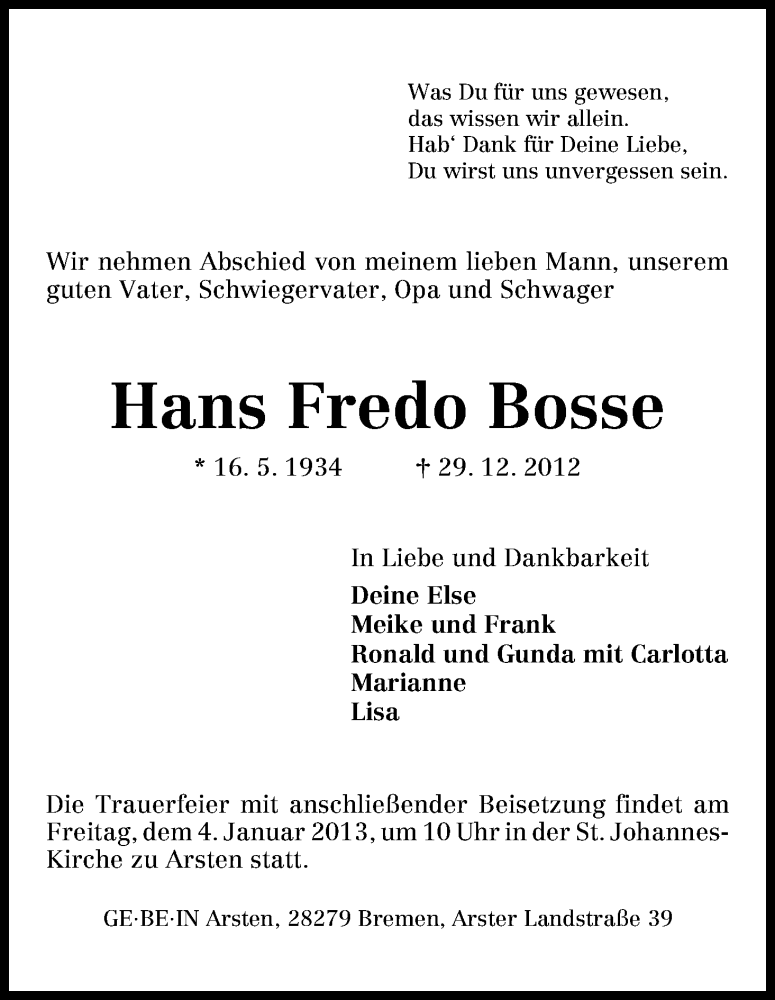 Traueranzeige von Hans Fredo Bosse von WESER-KURIER