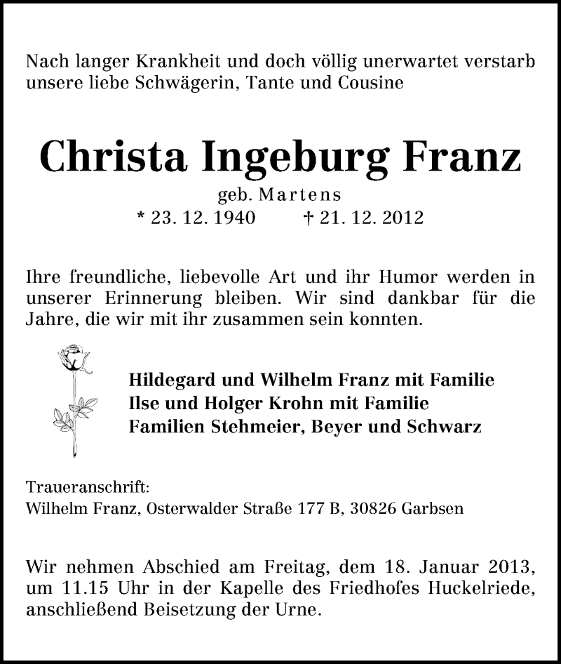 Traueranzeige von Christa Ingeburg Franz von WESER-KURIER