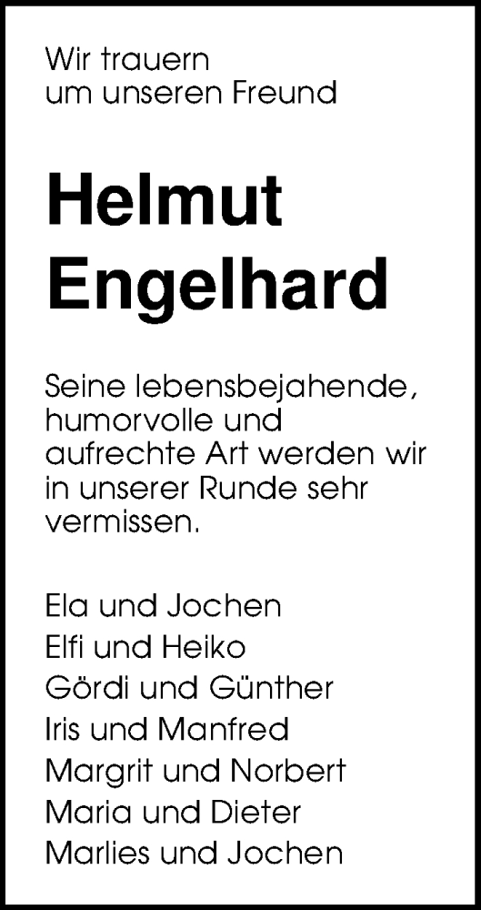 Traueranzeige von Helmut Engelhard von WESER-KURIER