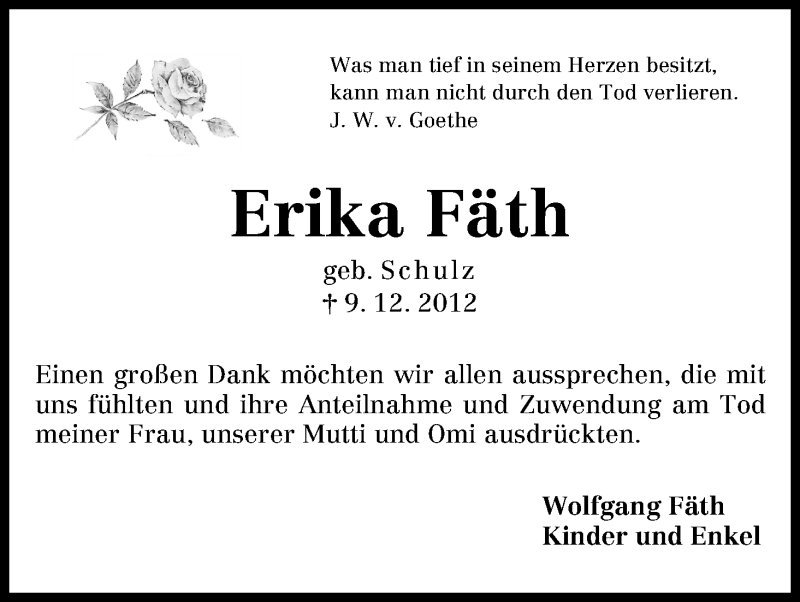  Traueranzeige für Erika Fäth vom 04.01.2013 aus WESER-KURIER