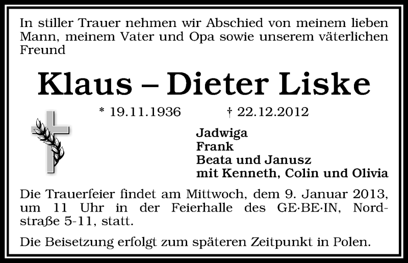 Traueranzeige von Klaus-Dieter Liske von WESER-KURIER