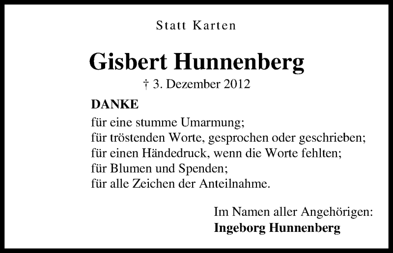 Traueranzeige von Gisbert Hunnenberg von WESER-KURIER