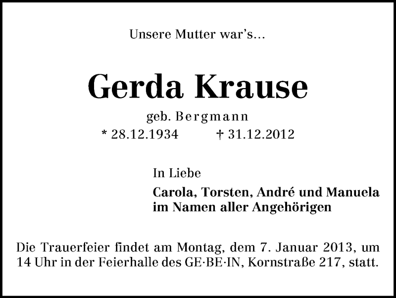 Traueranzeige von Gerda Krause von WESER-KURIER