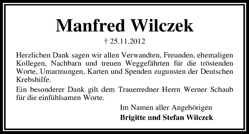 Traueranzeige von Manfred Wilczek von WESER-KURIER