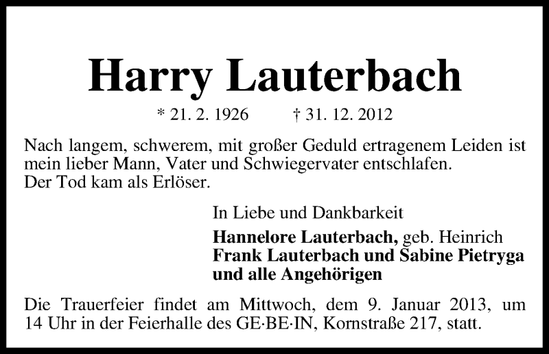  Traueranzeige für Harry Lauterbach vom 05.01.2013 aus WESER-KURIER