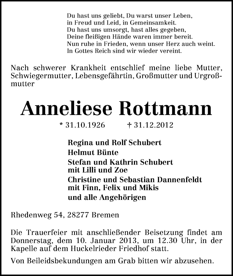 Traueranzeige von Anneliese Rottmann von WESER-KURIER