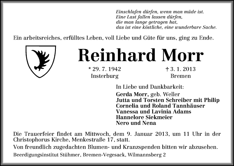  Traueranzeige für Reinhard Morr vom 05.01.2013 aus WESER-KURIER