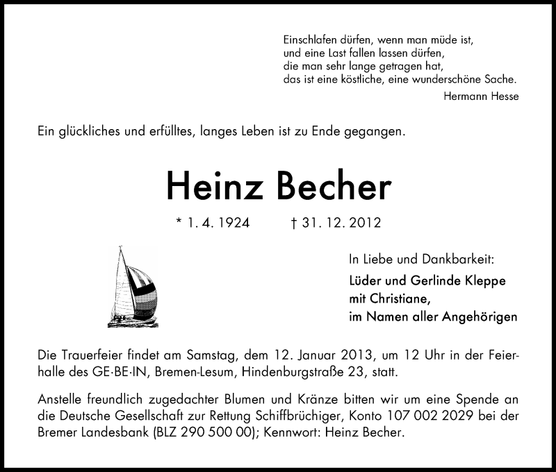 Traueranzeige von Heinz Becher von WESER-KURIER