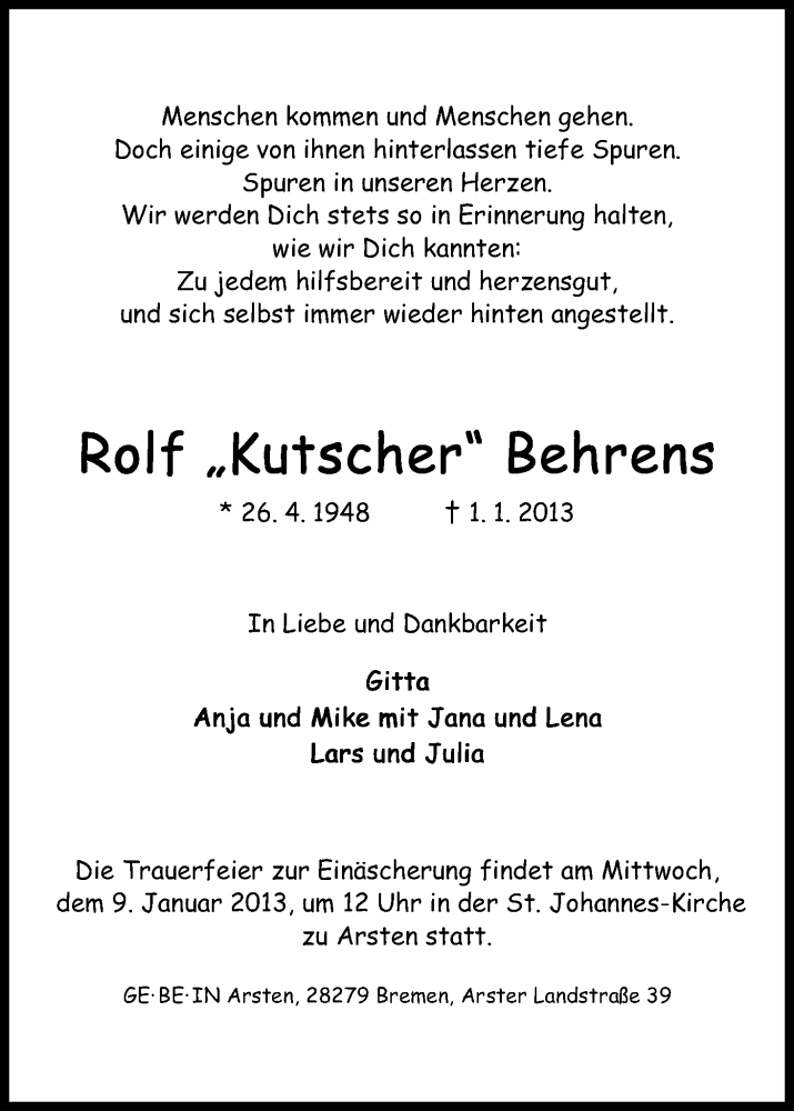 Traueranzeige von Rolf Behrens von WESER-KURIER