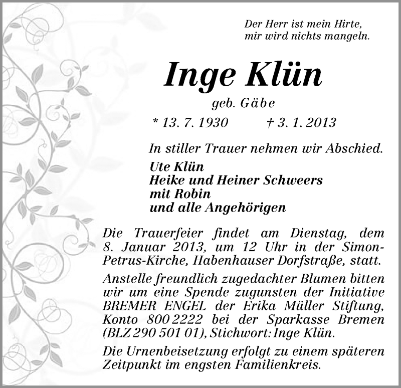 Traueranzeige von Inge Klün von WESER-KURIER