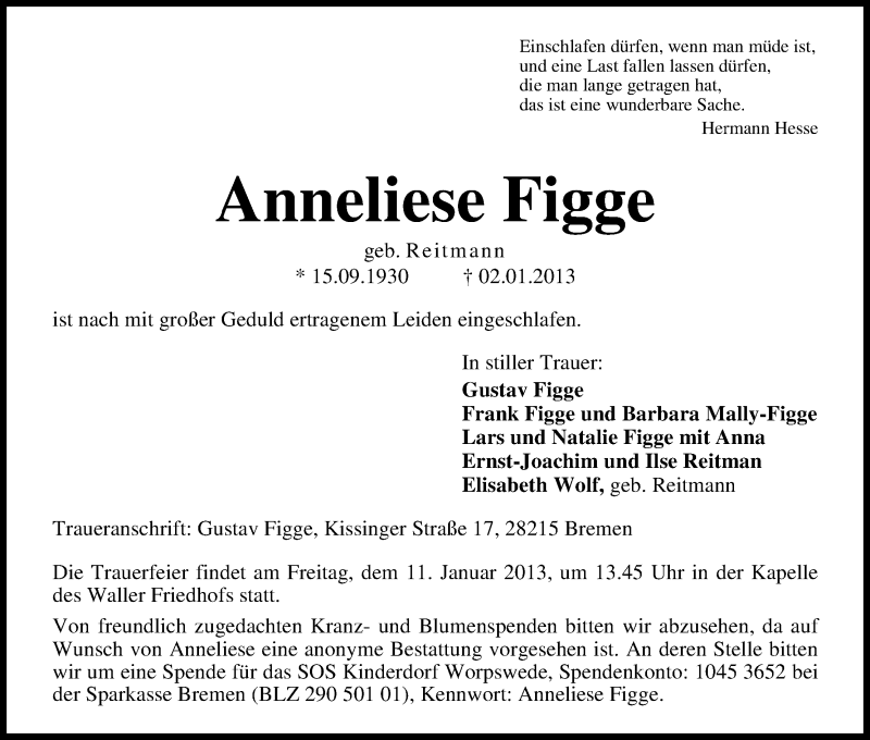 Traueranzeige von Anneliese Figge von WESER-KURIER
