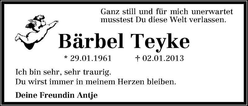Traueranzeige von Bärbel Teyke von WESER-KURIER