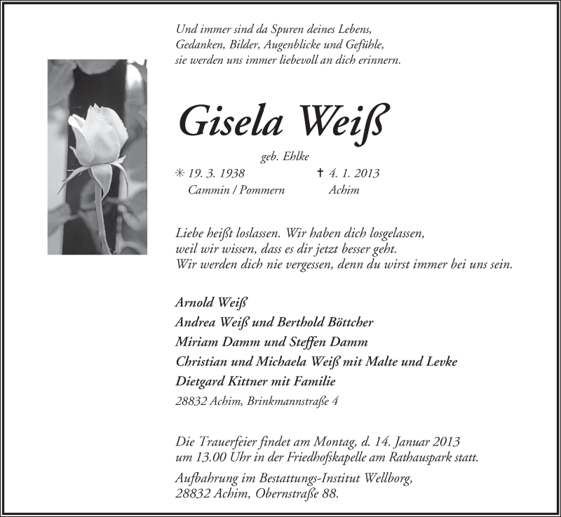  Traueranzeige für Gisela Weiß vom 09.01.2013 aus WESER-KURIER