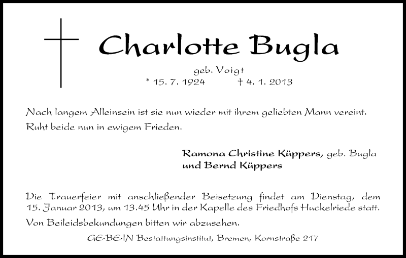 Traueranzeige von Charlotte Bugla von WESER-KURIER